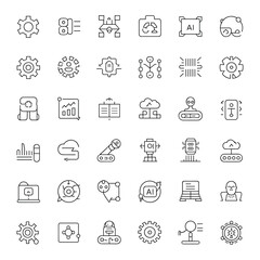 Editable AI & Machine Learning Line Icons, Minimalist Stroke Symbols of Artificial Intelligence, Neural Networks, Robotics, Data Science, and Cloud Computing Tools