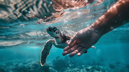 A hand gently guides a sea turtle swimming through crystal clear turquoise water in the ocean, showcasing conservation and delicate interaction with nature.