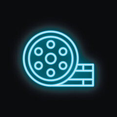 Blue neon sign representing a film reel glowing on a black background