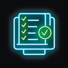 Neon sign icon of documents with check marks, symbolizing completed tasks or a finished checklist