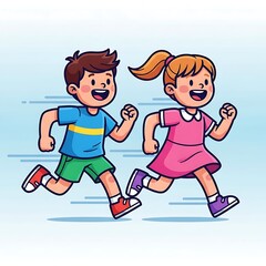 Children Running - A Cartoon Illustration of Active Kids.
