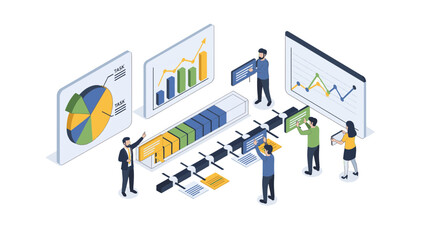 Isometric business team analyzing growth charts and data visualizations for strategic planning and project management success, aiming for innovation