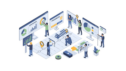 Dynamic isometric illustration of data analysis, team collaboration, and strategic planning for business growth in a modern workspace environment