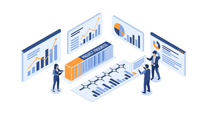 Dynamic business team analyzing charts and graphs for project success, driving growth and achieving modern goals, a scalable vector graphic