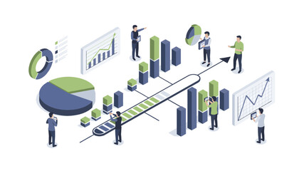 Dynamic team collaborating to boost business performance and financial growth with insightful data analysis and strategic planning, showing upward trends