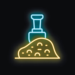 Bright neon icon of a shovel digging a pile of sand or gravel on a black background