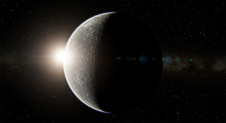 The Moon in Sunlight: A Stunning View of a Cratered Surface Before a Radiant Sun with Lens Flare Effect