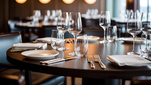 Elegant restaurant table set with plates glasses and cutlery prepared for fine dining