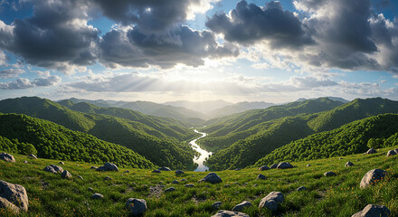Valley of Peace: A Stunning View of a Green Valley with a Flowing River Under a Cloudy Sky and Sun Rays