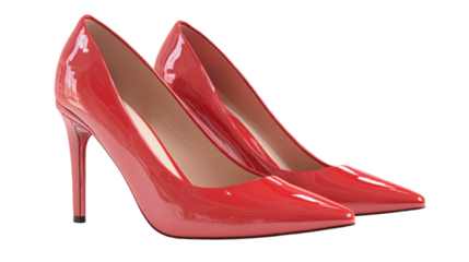 Pair of glossy red high heel shoes isolated on transparent background
