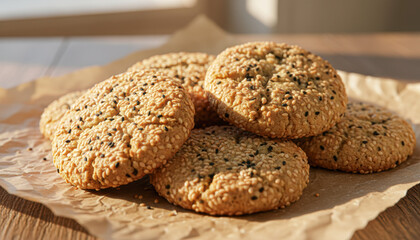 A close-up of golden sesame cookies stacked on paper, showcasing a crispy texture and inviting appearance, perfect for a sweet treat or snack.