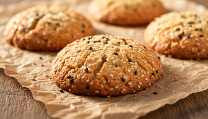 Naklejka premium Crispy sesame cookies are arranged on parchment paper, showcasing their golden-brown color and textured surface, perfect for a delightful snack.