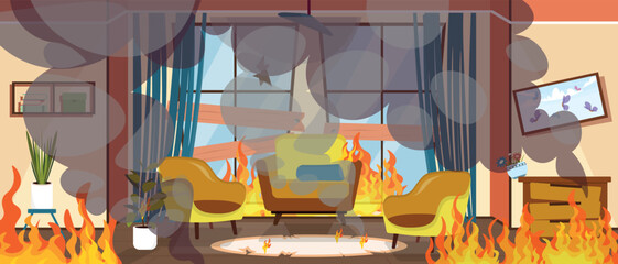 Vector illustration of a fire in an apartment. Cartoon scene of a room, things engulfed in smoke, fire: armchairs, chest of drawers, painting, falling vase, houseplants, bookshelves, carpet, windows.
