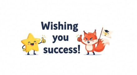 Wishing you success with cute cartoon fox and star celebrating achievements and good luck