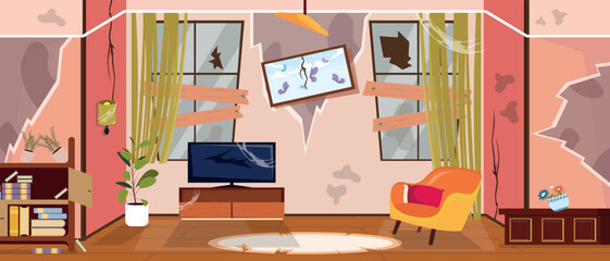 Vector illustration of abandoned house.Cartoon scene of an untidy room with cracks on walls, cobwebs, boarded up windows, chair, TV, chest of drawers, painting, houseplants, bookshelves, lamp, carpet.