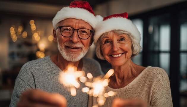 Smiling Senior Couple In Santa Hats Holding Sparkler Lights At Home During Christmas And New Year Celebrations. Blurred Portraits. - Powered by Adobe