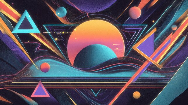 A vibrant and dynamic design featuring a variety of shapes, colors, and textures; a visually striking composition incorporating geometric triangles, circles, and flowing lines. - Powered by Adobe