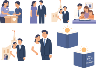 A collection of isometric illustrations depicting family values, charity, marriage, and faith-centered living inspired by religious teachings.