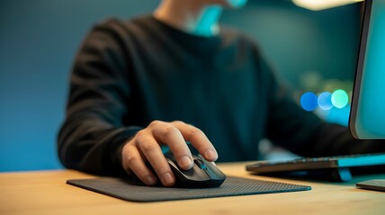 Person using computer mouse at desk in modern workspace with technology and focus
