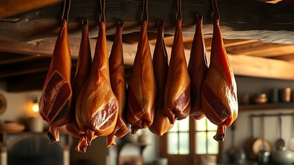prosciutto. Cured pork hanging from beams in a traditional farmhouse kitchen. menu design, packaging mockups, designed for culinary blogs and recipe cards for restaurants, used by hr managers.