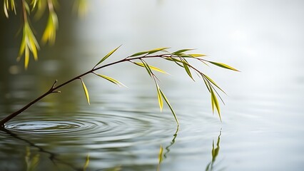 willow. A slender willow branch arching over calm water in morning light. gardening catalogs, home-decor guides, botanical posters, designed for home decor and floral branding, used by teachers.