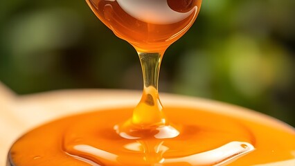 apiary. Golden honey dripping from wooden spoon, blurred natural background. menu design, packaging mockups, designed for food delivery and cloud-kitchen brand materials, used by photographers.