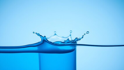 overflow. Blue liquid overflowing from glass container edge, dynamic splash moment, minimalist composition. bar promotions, beverage menus, designed for product packaging and bar promotions.