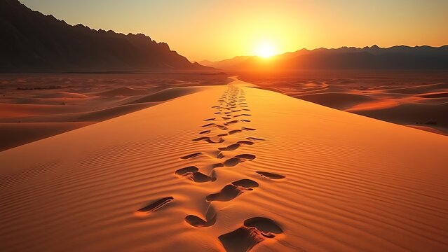 involution. Footprints trail across desert sands toward mountains under sunset glow. inspiring travel planning, travel magazines, designed for outdoor magazines and nature guides.