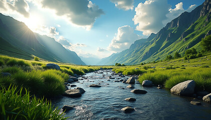 Green River Valley: A Stunning View of a Grass-Covered Valley with a Flowing River Between Rocks Under a Cloudy Sky and Sun Rays