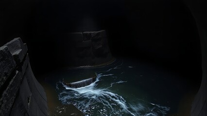 ore. Abandoned mine shaft with water pooling and damp stone walls. safety posters, maintenance manuals, designed for precision metalworking and fabrication facilities, used by operations managers.