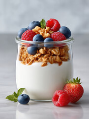 Healthy breakfast bowl with yogurt, berries, and granola on a light background