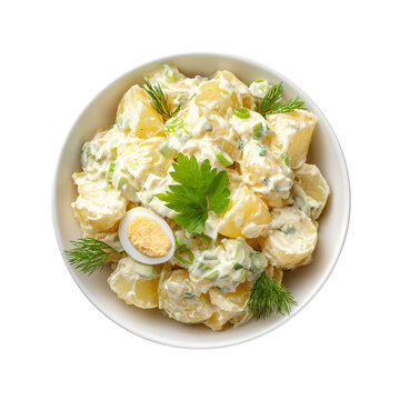 Fresh Creamy potato salad on white bowl top view isolated on transparent background