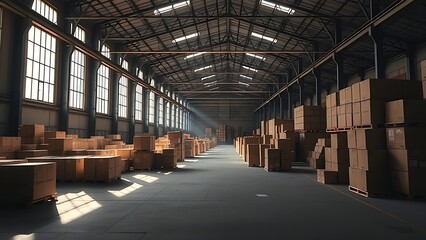 dicer. An empty warehouse with sealed boxes and sunlight streaming through high windows. real-estate listings, architecture portfolios, designed for interior renovation comparisons for interiors.