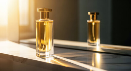 Elegant glass perfume bottle with golden liquid, reflecting sunlight on a marble surface next to a mirror.