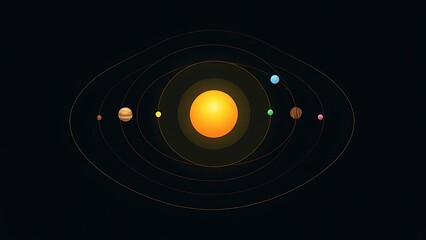 heliocentric. Heliocentric model with a golden sun and orbiting planets on dark background. STEM education sheets, lab safety posters, designed for biotech research communications.