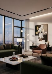 A stylish living room features dark green sofas a marble coffee table modern lamps and abstract art overlooking a cityscape