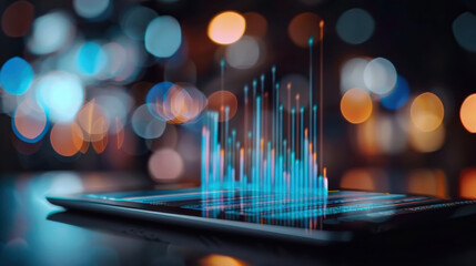 Digital tablet displays holographic data analytics with vibrant charts and glowing lines, creating futuristic atmosphere