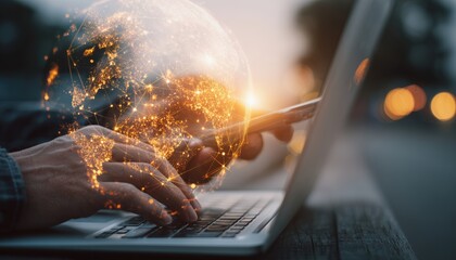 Elevated View Of Hands Utilizing Laptop And Smartphone With Abstract Glowing Blurry Global Delivery Scheme Hologram Outdoors. Logistics And Network Concept. Double Exposure Effect.