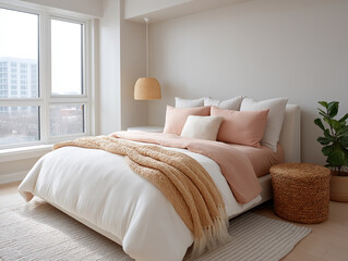 Modern bedroom design with large windows and city view