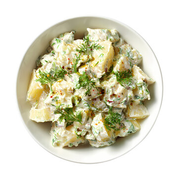 Fresh Creamy potato salad on white bowl top view isolated on transparent background
