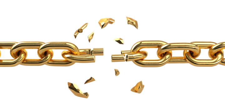 gold golden chain breaking isolated on white background, png, ai generated