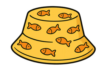 Fototapeta premium Yellow bucket hat with many orange fish pattern, summer fashion accessory for beach or travel, funny cartoon style