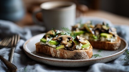 Delicious gourmet toast topped with avocado, mushrooms, and cheese, served with coffee for a perfect breakfast or brunch.