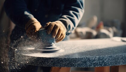 Man Using Small Angle Grinder To Polish Marble Stone Table, Also Known As Stone Cutter, With Precision And Care.