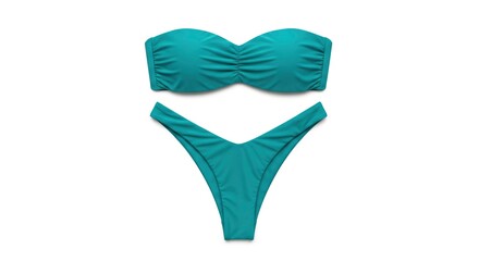 A teal two-piece swimsuit set featuring a strapless ruched bandeau top and a high-cut V-front bottom displayed on a clean white background