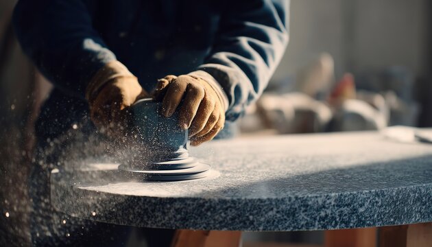 Man Using Small Angle Grinder To Polish Marble Stone Table, Also Known As Stone Cutter, With Precision And Care.