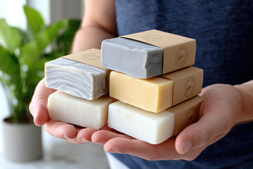 Hand holding assorted handmade soaps in natural colors with simple packaging