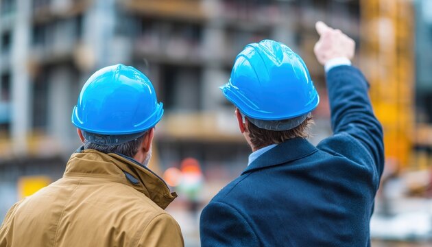 Architects And Engineers At A Construction Site Reviewing Blueprints And Giving Directions. - Powered by Adobe