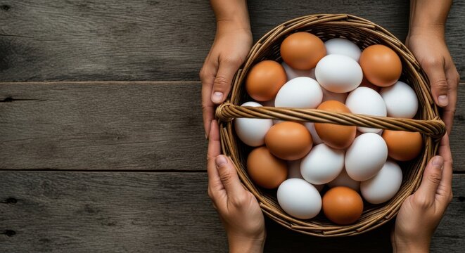 Hands holding a rustic woven basket overflowing with fresh brown and white eggs on a wooden background