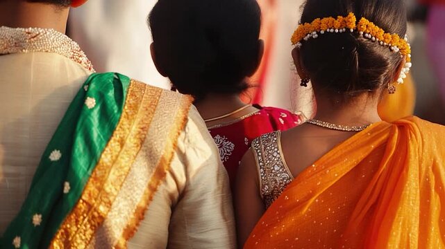 Group of people dressed in vibrant saris and matching attire, suitable for cultural events or celebrations